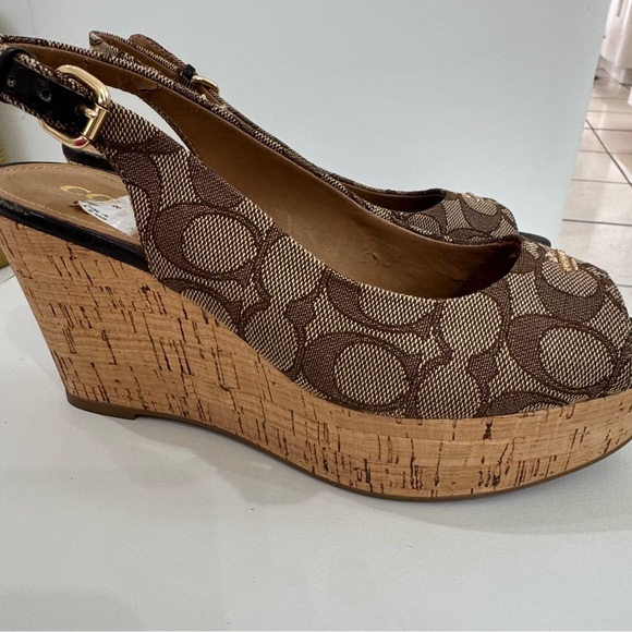 Coach Logo Print Slingback Wedge Sandals Brown Beige Black Canvas Leather 7.5B - Picture 5 of 12
